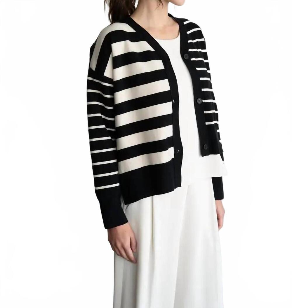 NEW ELLE GREY women's contrast striped sweater cardigan in black